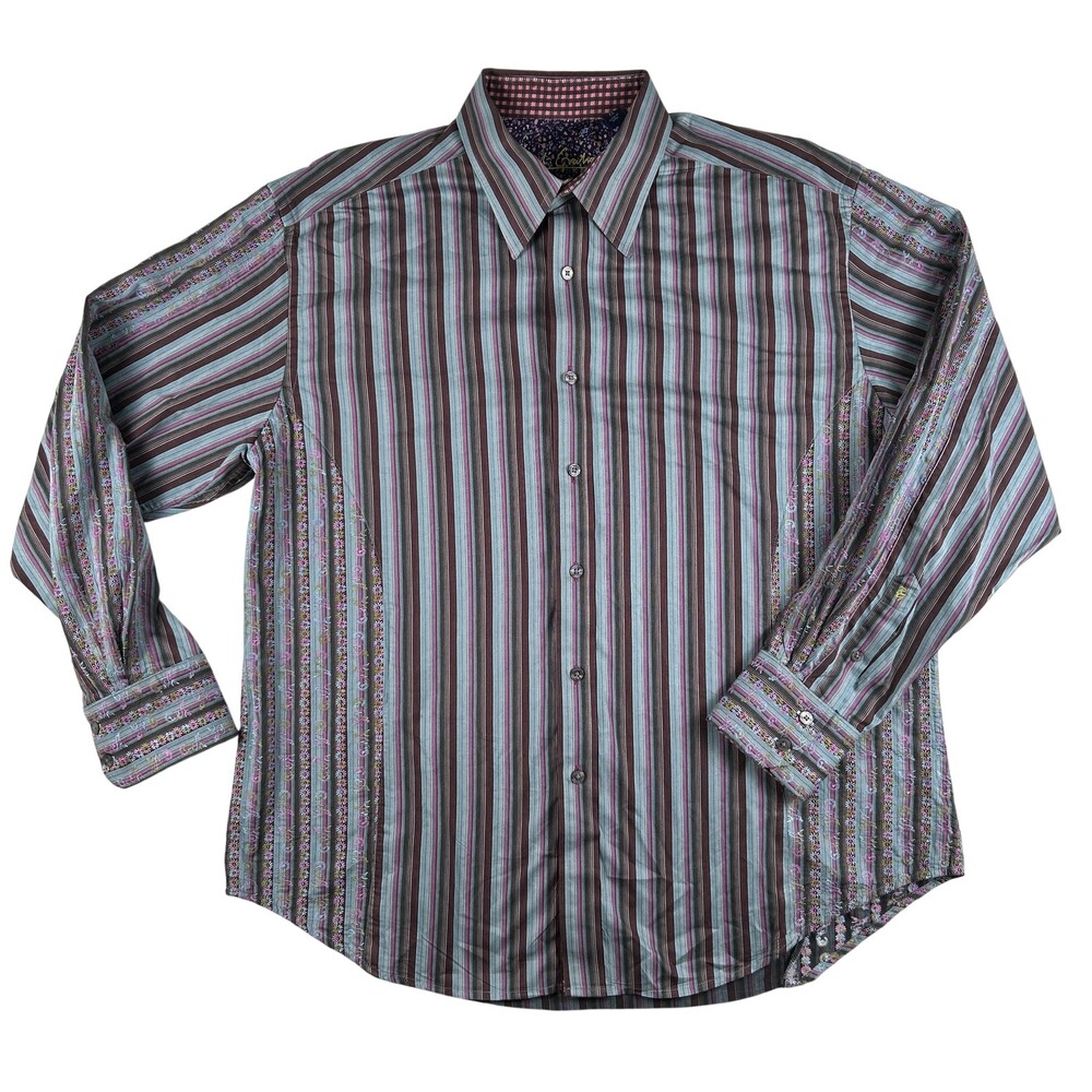 Robert Graham Shirt Mens XL Multicolor Stripe Long Sleeve Embroidered Flip Cuff